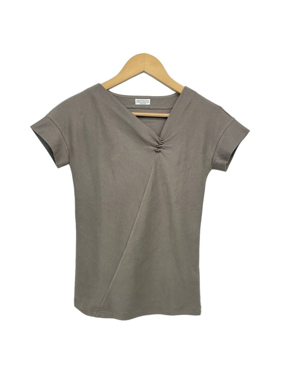 Brunello Cucinelli Short Sleeve Top Gray Beige Neck Beads